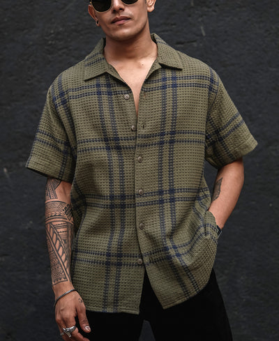 Olive Green Structured Checks Half Sleeves Shirt