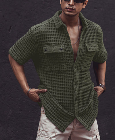 Olive Green Structured Puff Waffle Half Sleeves Shirt