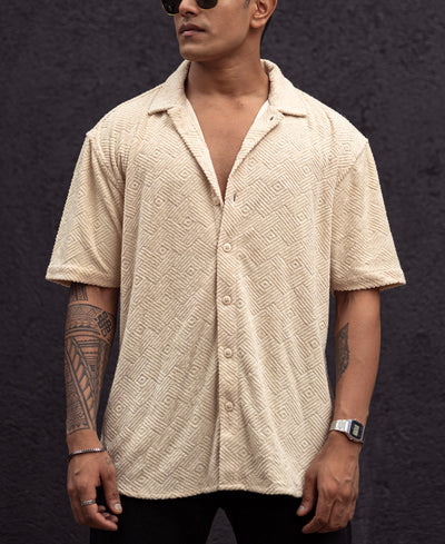 Cream Structured Jacquard Oversized Half Sleeves Shirt