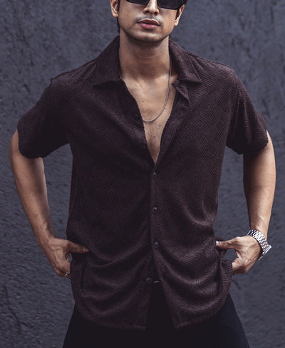 Dark Brown Structured Regular Fit Half Sleeves Shirt