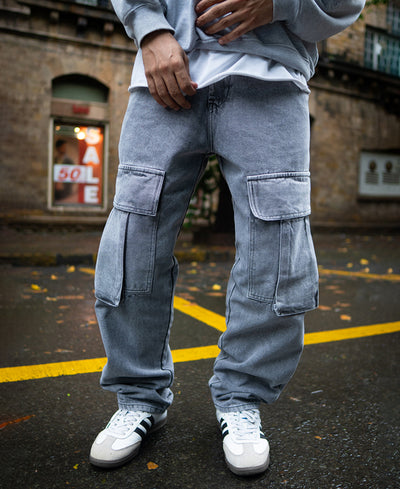 Charcoal Grey Baggy Fit Denim Jeans with Cargo Pockets