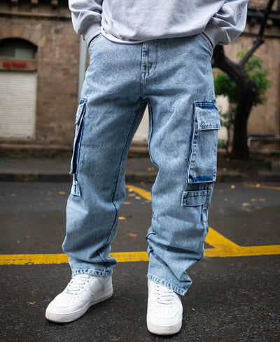 Ice Blue Baggy Fit Cargo Pocket Denim Jeans