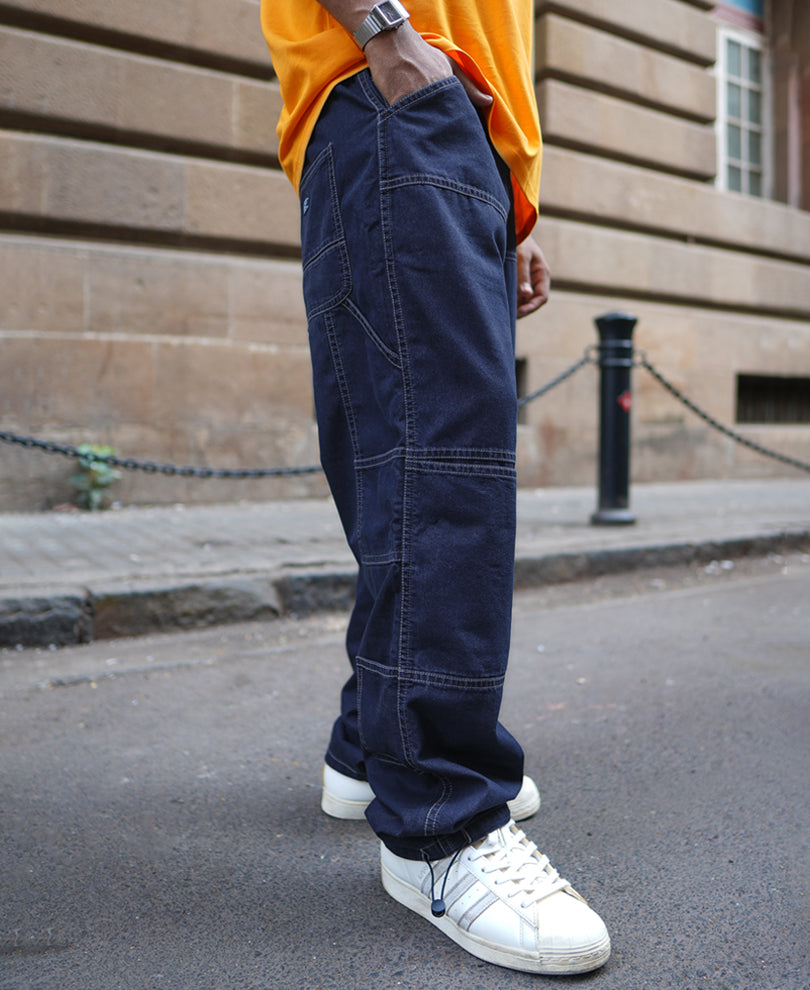 Blue Denim Baggy Fit Parachute Pants