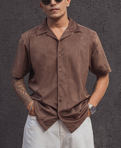 Brown Structured Regular Fit Half Sleeves Shirt