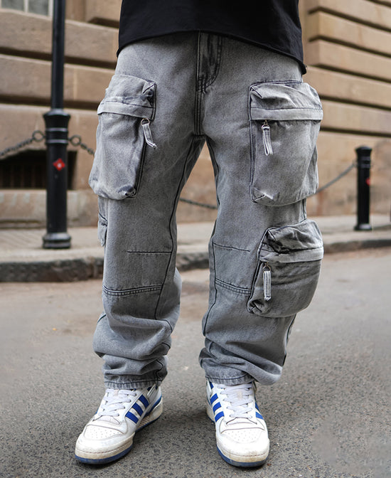 Grey Denim Baggy Fit Cargo Jeans - Main Image