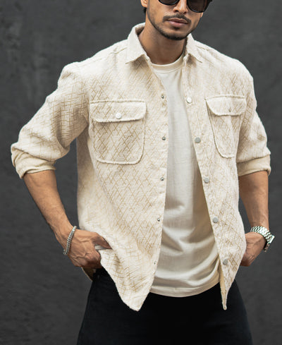 Cream Double Pockets Regular Fit Full Sleeves Shirt