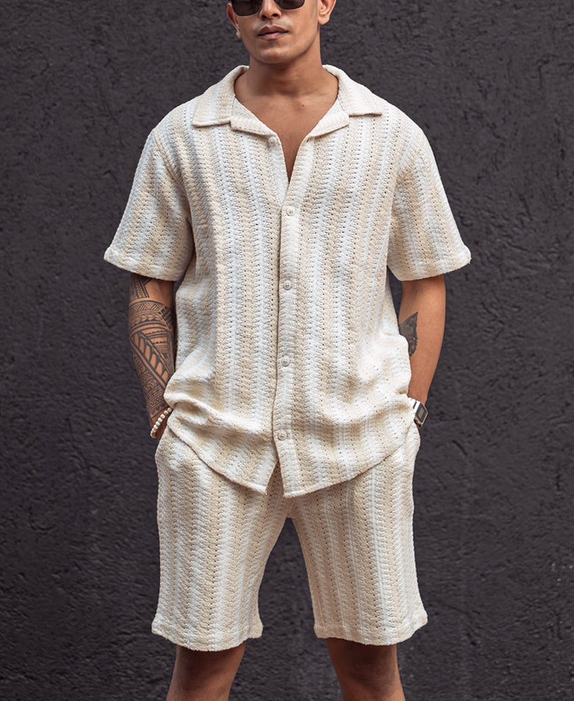 Off White and Beige Striped Shirt and Shorts Set