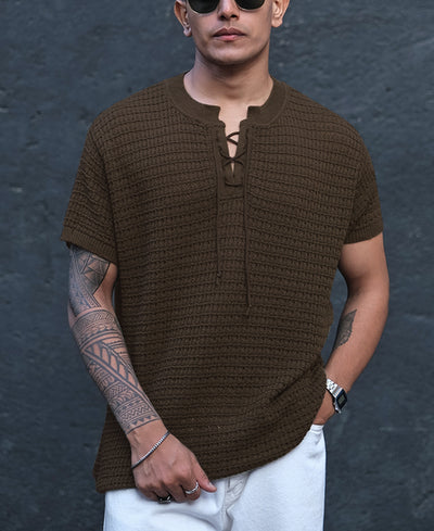 Coffee Brown Crochet Regular Half Sleeves T Shirt