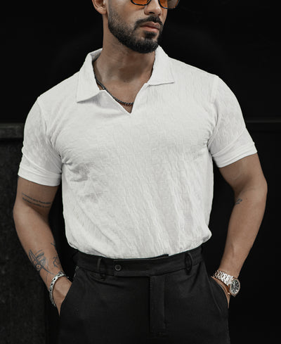 White Structured V Neck Regular Half Sleeves T Shirt