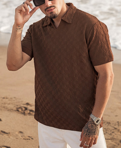 Brown Plain Structure Regular Fit Half Sleeve Collar T-Shirt