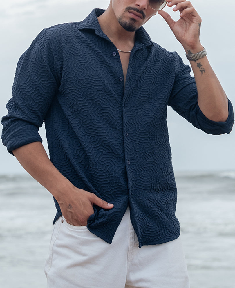 Navy Blue Regular fit Structured Full Sleeves Shirt
