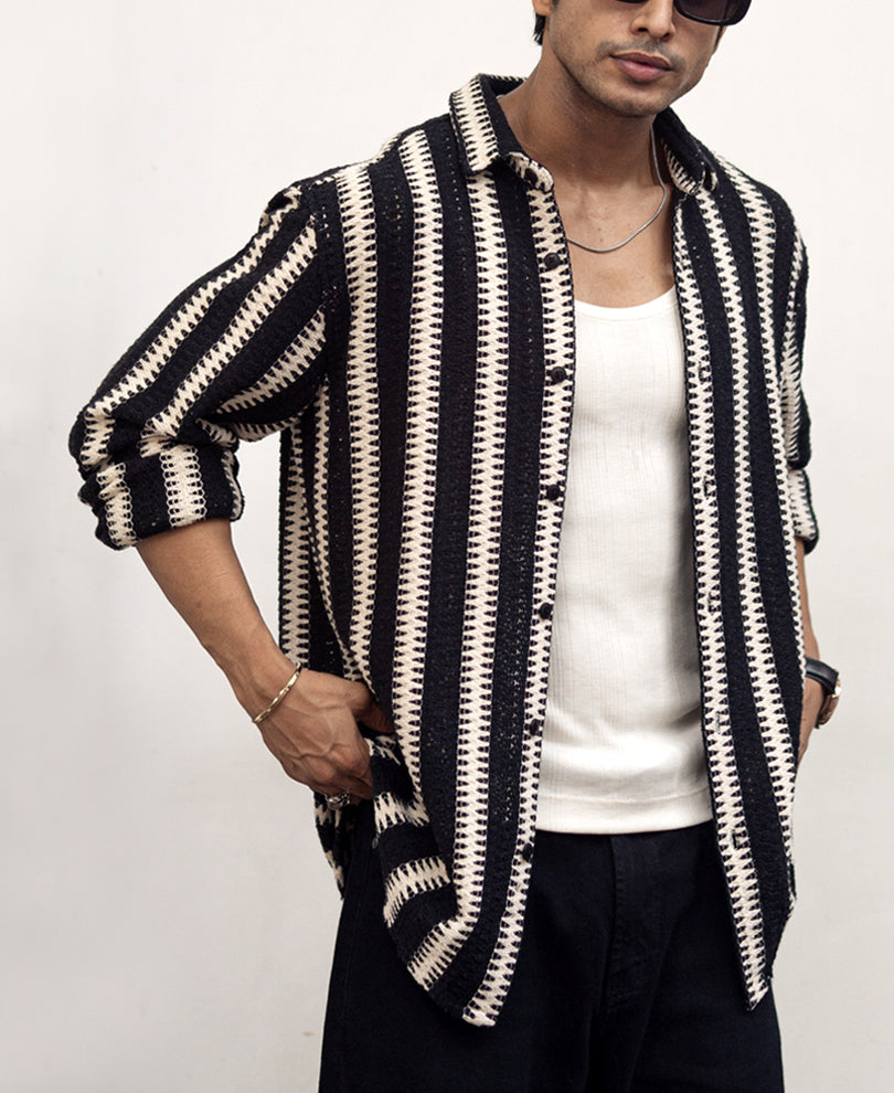 Black And White Striped Regular Fit Crochet Full Sleeves Shirt