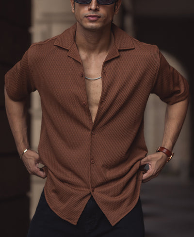Brown Structured Plain Regular Fit Half Sleeve Cuban Collar Shirt