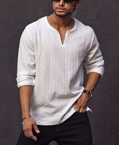 White Structured Regular Fit Full Sleeves Kurta Style Shirt
