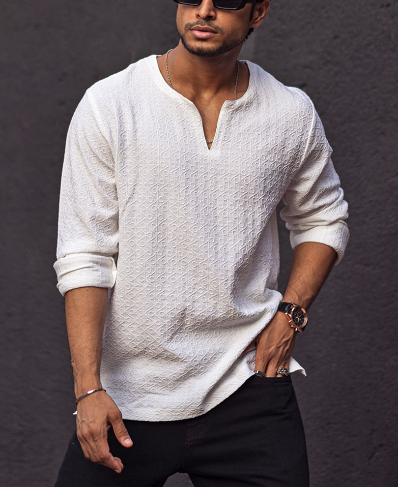 White Structured Regular Fit Full Sleeves Kurta Style Shirt