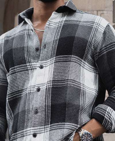Black and White Checked Regular Fit Full Sleeve Waffle Shirt