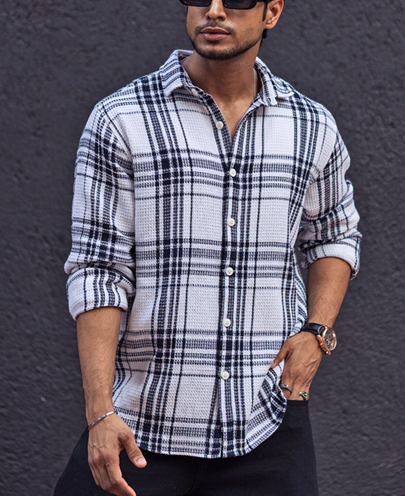 Navy Blue and White Waffle Checks Regular Full Sleeves Shirt.