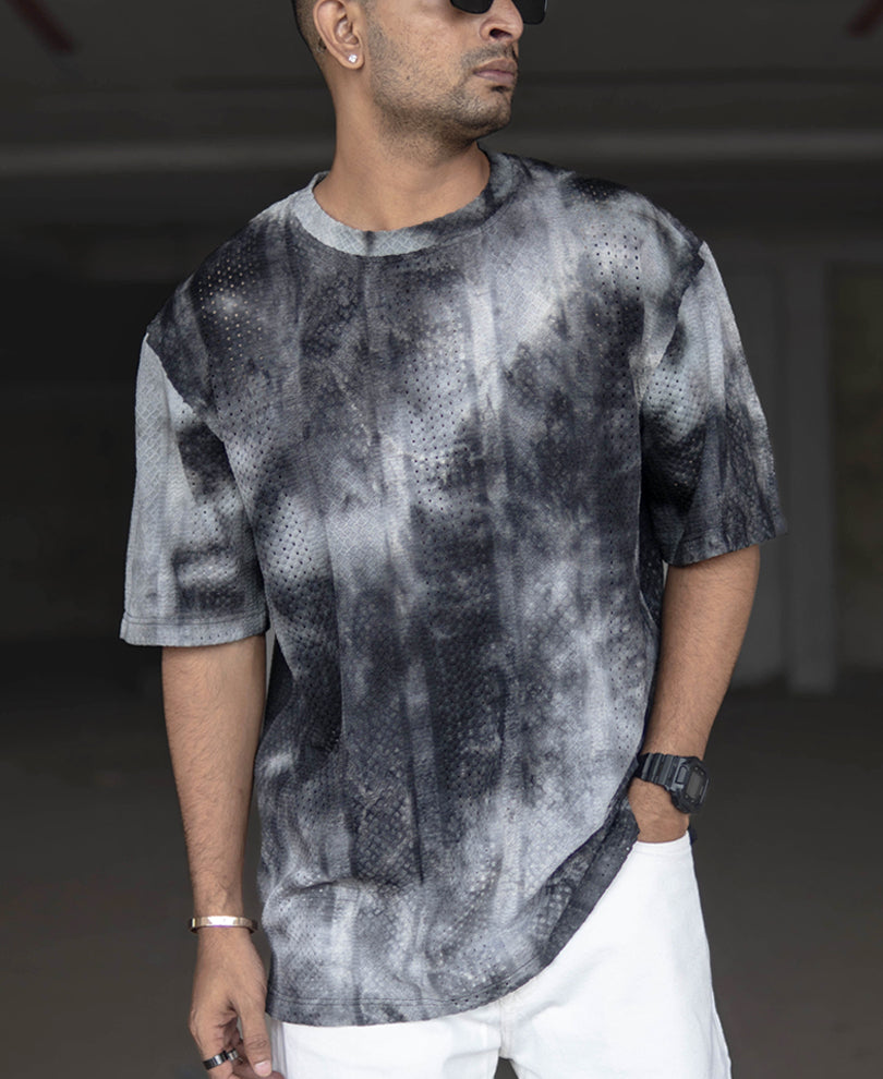 Black and Grey Oversized Tie Dye Printed Half Sleeves T Shirt