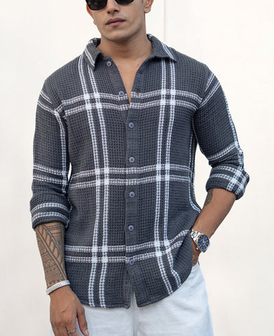 Grey Waffle Checks Regular fit Full Sleeves Shirt