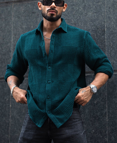 Teal Blue Waffle Structure Regular Fit Full Sleeves Shirt