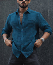 Teal Blue Waffle Structure Regular Fit Full Sleeves Shirt