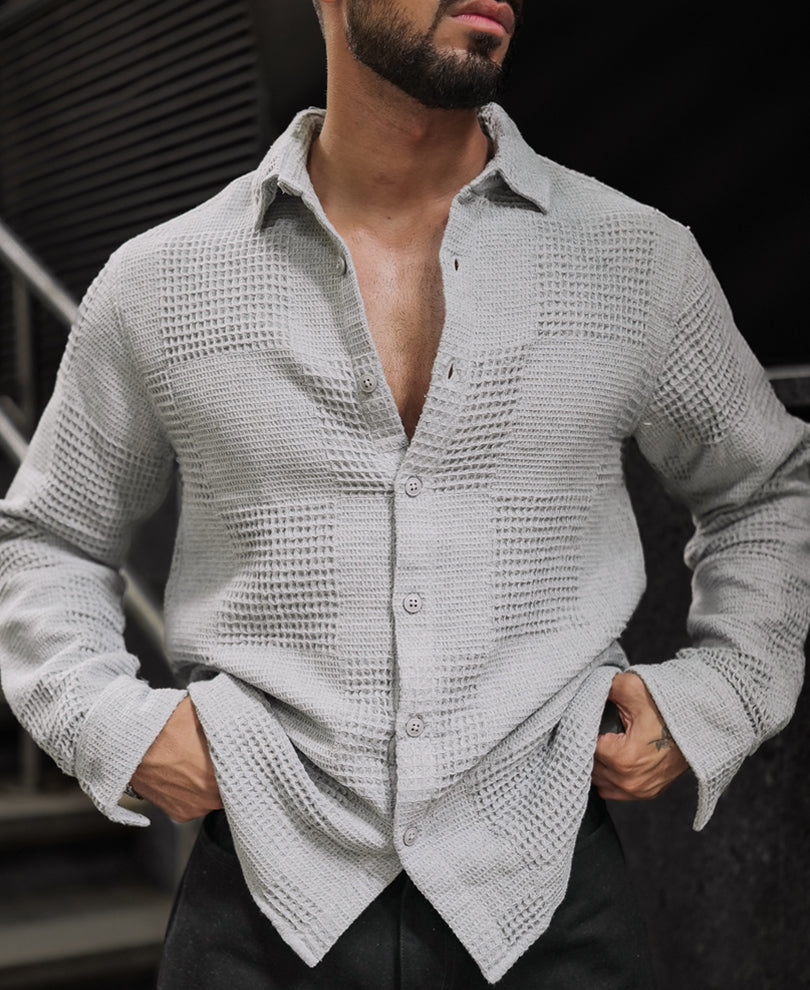 Grey Waffle Structure Regular Fit Full Sleeves Shirt
