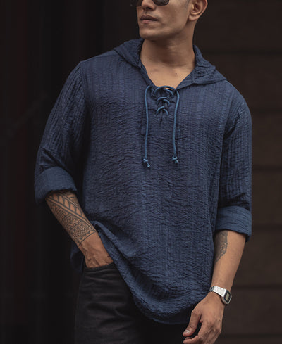 Navy Blue Plain Structured Regular Fit Full Sleeves Hooded Shirt