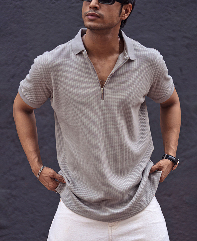 Grey Structured Regular Fit Half Sleeves Zipper T Shirt