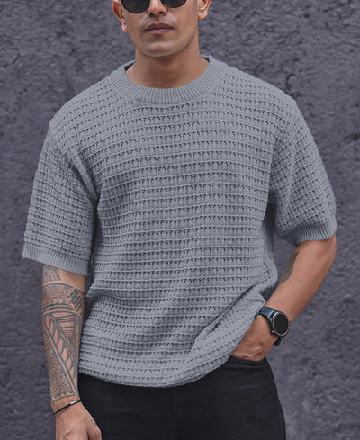 Light Grey Crochet Oversized Half Sleeves T Shirt