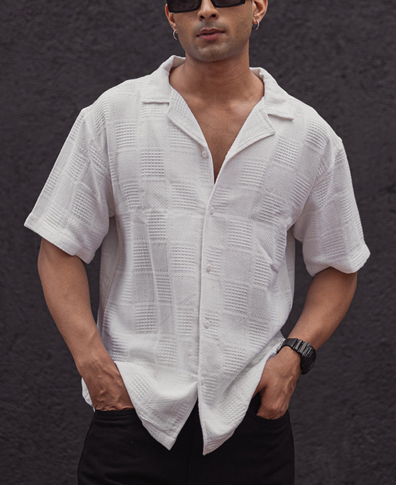 White Textured Oversized Half Sleeve Shirt
