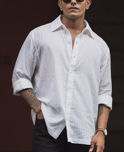 White Regular Fit Cotton Full Sleeve Self Design Shirt