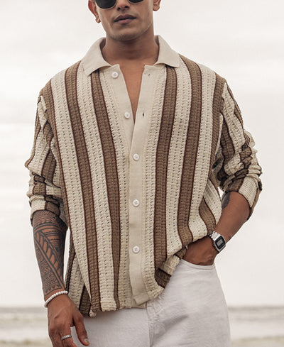Off White and Beige Crochet Striped Regular Full Sleeves Shirt