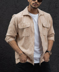 Dark Fawn Regular Fit Full Sleeves Shirt With Zip