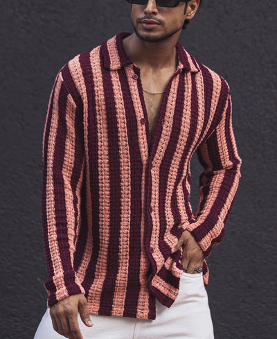 Maroon and Peach Full Sleeves Striped Regular fit Shirt