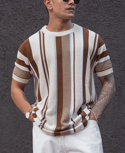 Multicolor Regular Fit Striped Half Sleeves T Shirt