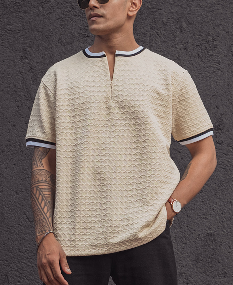 Cream Regular Fit Striped Half Sleeves T Shirt