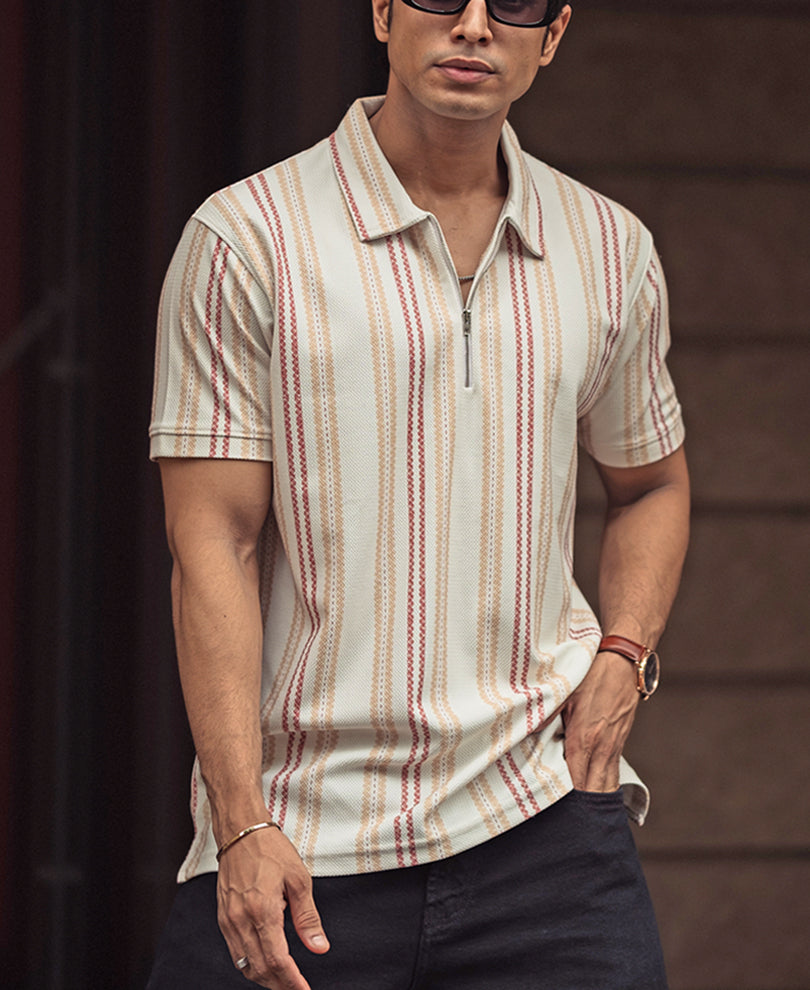 Multi-Coloured Striped Regular Fit Half Sleeve T-Shirt with Zipper