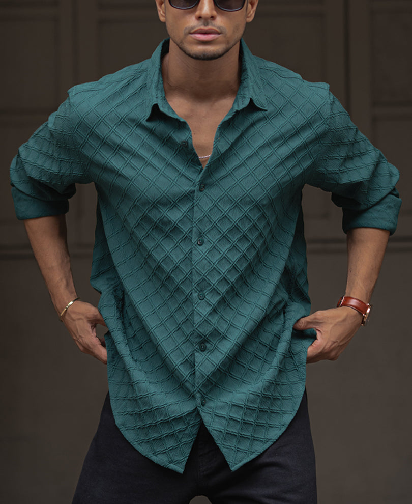 Green Plain Structured Regular Fit Full Sleeves Shirt