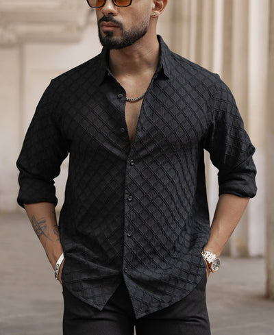 Black Structured Regular Fit Full Sleeves Shirt