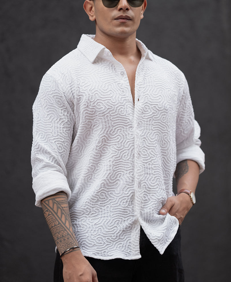 White Abstract Structured Regular Fit Full Sleeves Shirt