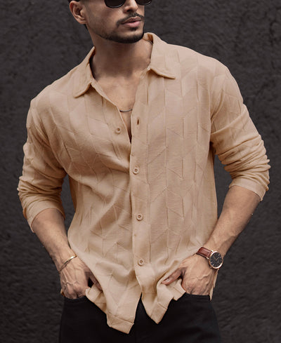 Beige Structured Regular Fit Full Sleeves Shirt
