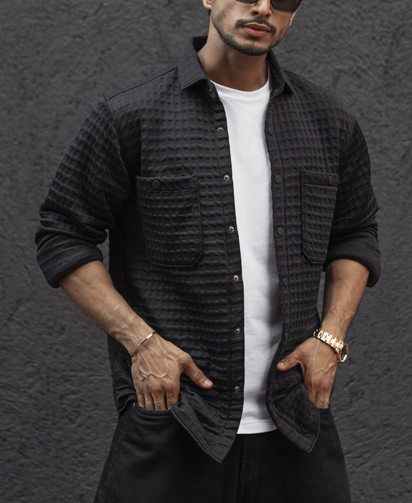 Black Solid Structure Regular Fit Full Sleeves Shirt