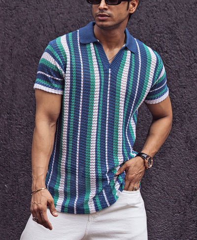 Multicolor Knit Regular fit Striped Half Sleeves T Shirt