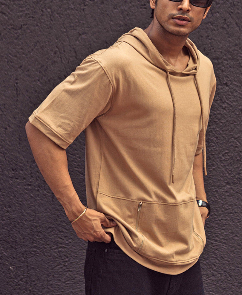 Camel Hoodie Oversized Half Sleeves T Shirt