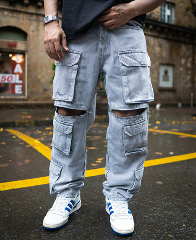Light Grey Baggy Fit Cargo Denim Jeans