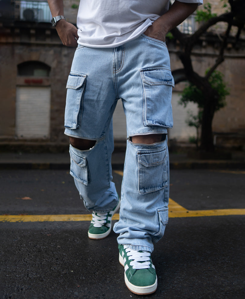 Ice Blue Baggy Fit Cargo Jeans