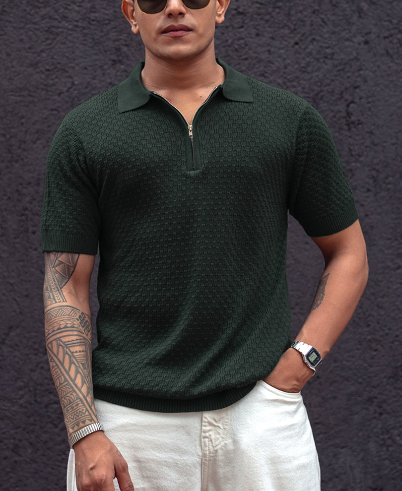 Green Knitted Regular Fit Half Sleeves Zipper T Shirt