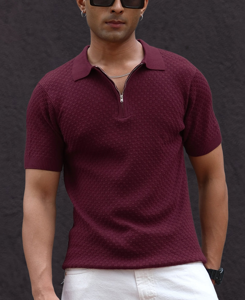 Wine Knitted Regular Fit Half Sleeves T-Shirt