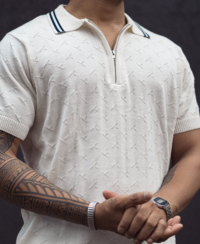 White Structured Regular Fit Half Sleeves Zipper T Shirt