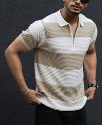 Off White Structured Striped Regular Half Sleeves T Shirt